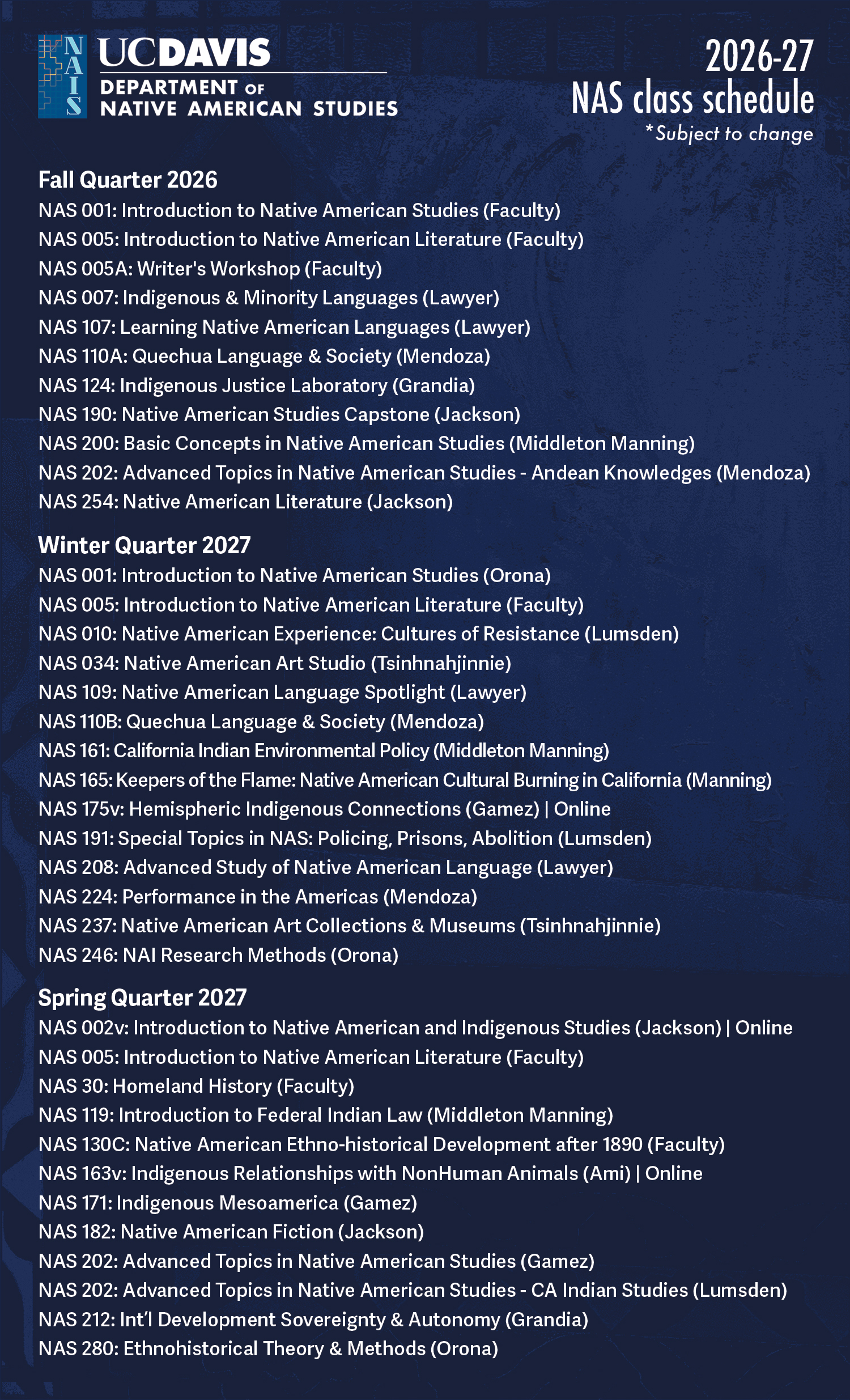 2026-27 AY NAS schedule of classes on dark blue background