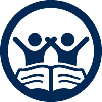 Blue circular logo of two stylized figures with raised arms above an open book