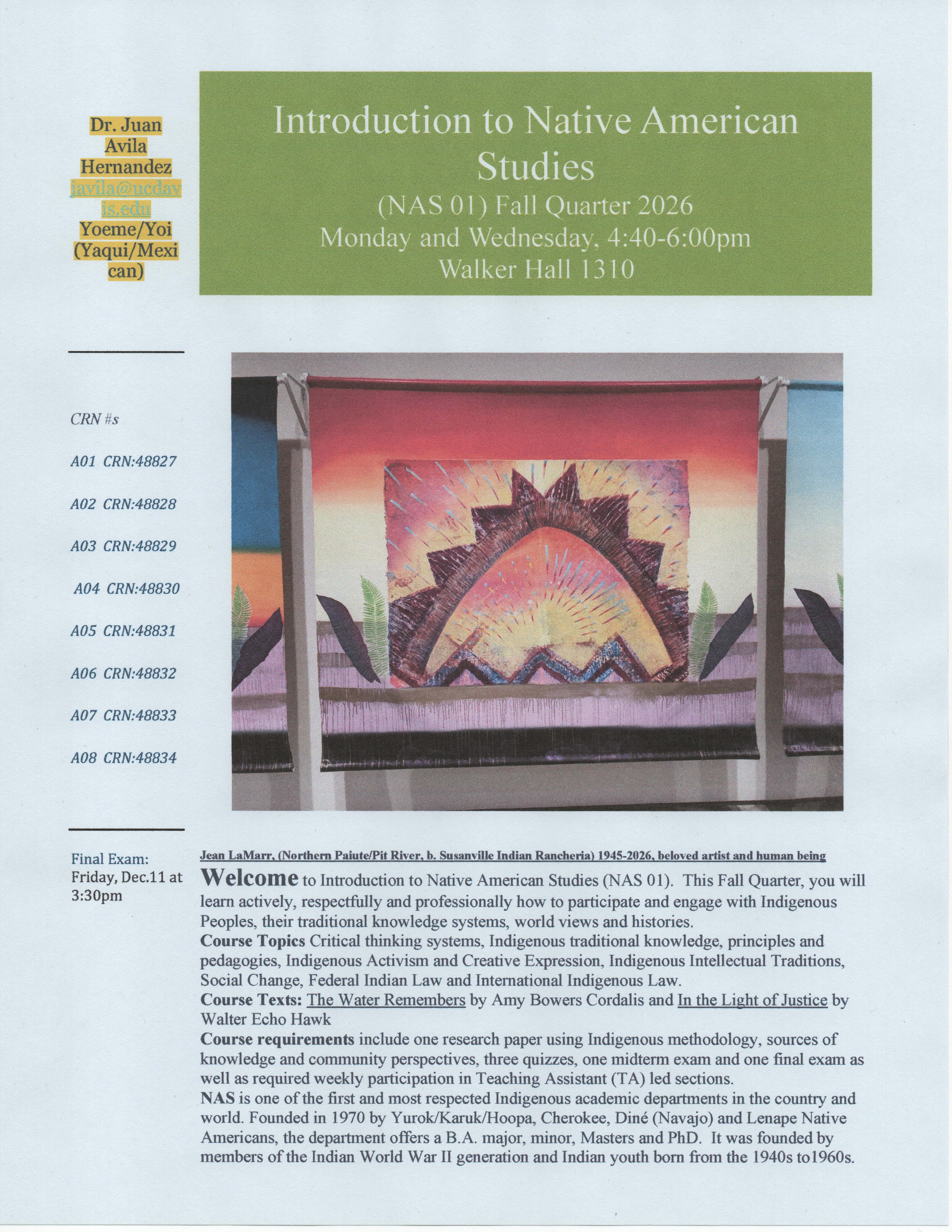 Flyer for Native American Studies course with central geometric sunburst artwork