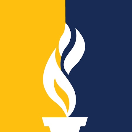 TRC stylized torch logo on split yellow and navy background