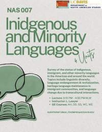 Green poster: NAS 007 Indigenous and Minority Languages, open book icon, UC Davis logo